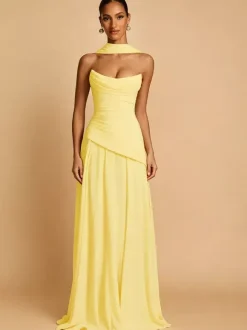 Evening Dress A-Line Strapless Chiffon With Train Pleated Social Pageant Dresses