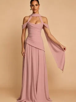 Evening Dress A-Line Strapless Chiffon With Train Pleated Social Pageant Dresses