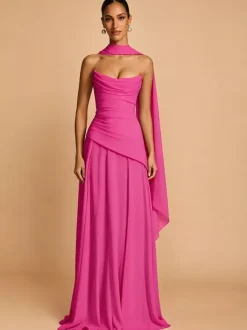 Evening Dress A-Line Strapless Chiffon With Train Pleated Social Pageant Dresses