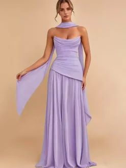 Evening Dress A-Line Strapless Chiffon With Train Pleated Social Pageant Dresses