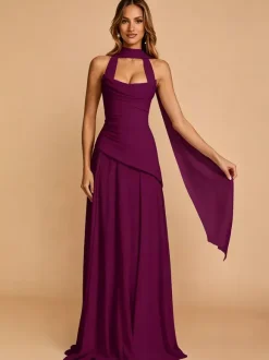 Evening Dress A-Line Strapless Chiffon With Train Pleated Social Pageant Dresses