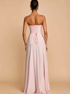 Evening Dress A-Line Strapless Chiffon With Train Pleated Social Pageant Dresses