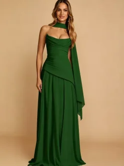 Evening Dress A-Line Strapless Chiffon With Train Pleated Social Pageant Dresses