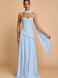 Evening Dress A-Line Strapless Chiffon With Train Pleated Social Pageant Dresses