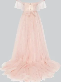 Evening Dress A-Line Strapless Tulle With Train Bows Social Party Dresses