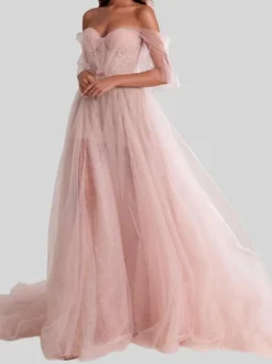 Evening Dress A-Line Strapless Tulle With Train Bows Social Party Dresses