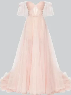 Evening Dress A-Line Strapless Tulle With Train Bows Social Party Dresses