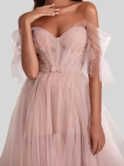 Evening Dress A-Line Strapless Tulle With Train Bows Social Party Dresses