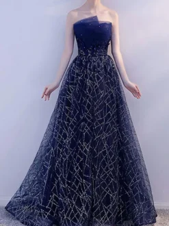 Evening Dress A-Line Strapless Floor-Length Sleeveless Lace-up Lace Social Party Dresses
