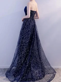 Evening Dress A-Line Strapless Floor-Length Sleeveless Lace-up Lace Social Party Dresses
