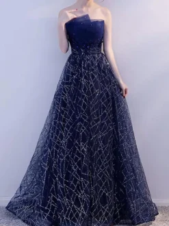 Evening Dress A-Line Strapless Floor-Length Sleeveless Lace-up Lace Social Party Dresses