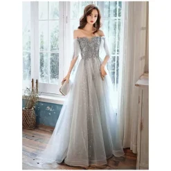 Evening Dress A-Line Strapless Floor-Length Pearls Formal Party Dresses