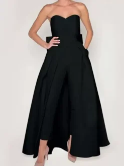 Evening Dress 2026 A-Line Strapless Sleeveless Zipper Bows Satin Fabric Red Formal Dresses Wedding Guest Dresses