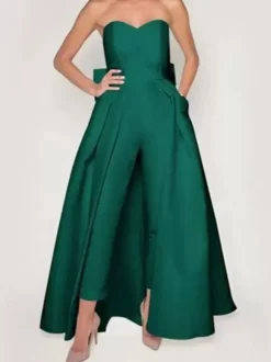 Evening Dress 2026 A-Line Strapless Sleeveless Zipper Bows Satin Fabric Red Formal Dresses Wedding Guest Dresses