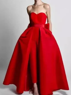 Evening Dress 2026 A-Line Strapless Sleeveless Zipper Bows Satin Fabric Red Formal Dresses Wedding Guest Dresses