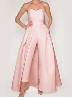Evening Dress 2026 A-Line Strapless Sleeveless Zipper Bows Satin Fabric Red Formal Dresses Wedding Guest Dresses