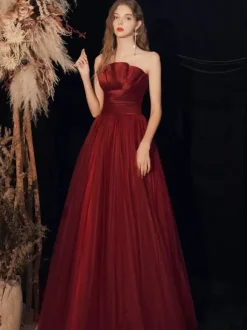 Evening Dress A-Line Strapless Floor-Length Sleeveless Lace-up Pleated Matte Satin Formal Dinner Dresses