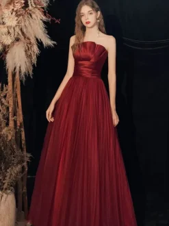 Evening Dress A-Line Strapless Floor-Length Sleeveless Lace-up Pleated Matte Satin Formal Dinner Dresses