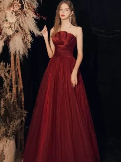 Evening Dress A-Line Strapless Floor-Length Sleeveless Lace-up Pleated Matte Satin Formal Dinner Dresses