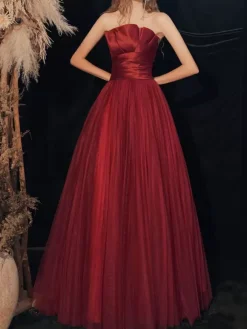 Evening Dress A-Line Strapless Floor-Length Sleeveless Lace-up Pleated Matte Satin Formal Dinner Dresses