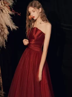 Evening Dress A-Line Strapless Floor-Length Sleeveless Lace-up Pleated Matte Satin Formal Dinner Dresses