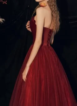 Evening Dress A-Line Strapless Floor-Length Sleeveless Lace-up Pleated Matte Satin Formal Dinner Dresses