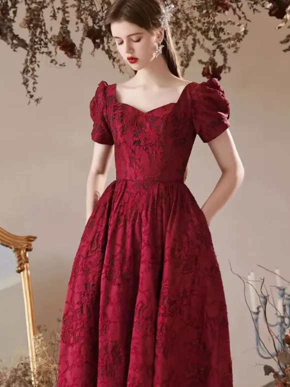 Evening Dress A-Line Sweetheart Neck Floor-Length Short Sleeves Lace-Up Jacquard Formal Dinner Dresses Free Customization