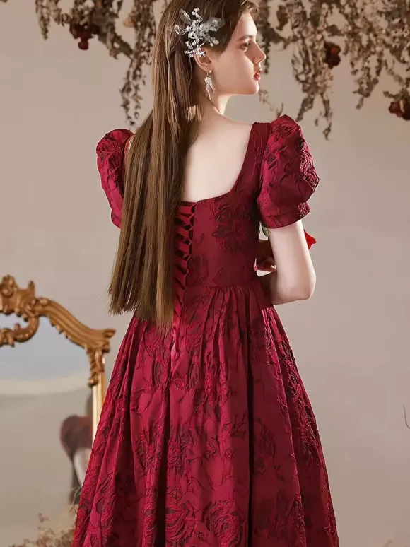 Evening Dress A-Line Sweetheart Neck Floor-Length Short Sleeves Lace-Up Jacquard Formal Dinner Dresses Free Customization