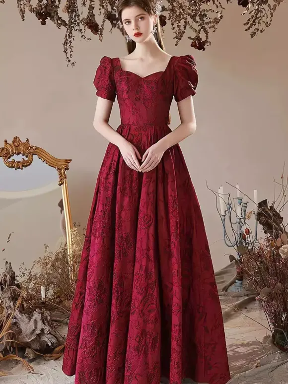 Evening Dress A-Line Sweetheart Neck Floor-Length Short Sleeves Lace-Up Jacquard Formal Dinner Dresses Free Customization
