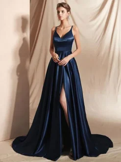 Evening Dress A-Line V-Neck Elastic Silk Like Satin Floor-Length Split Front Social Pageant Dresses