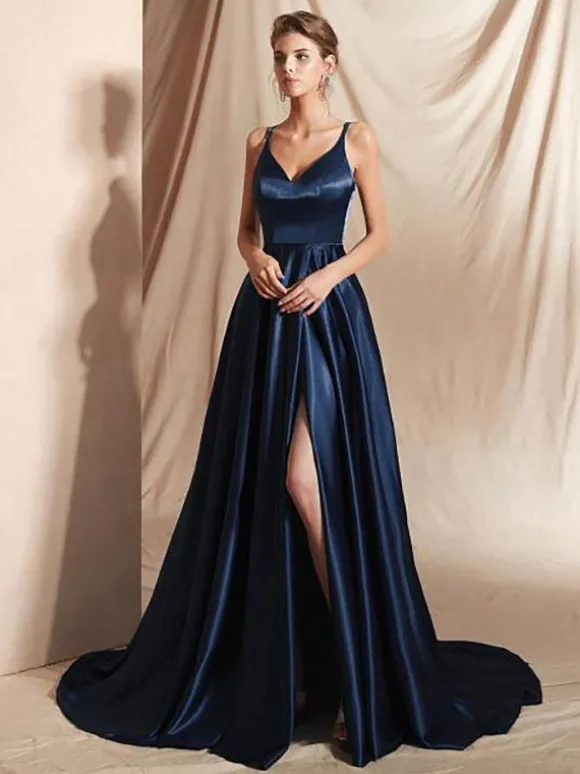 Evening Dress A-Line V-Neck Elastic Silk Like Satin Floor-Length Split Front Social Pageant Dresses