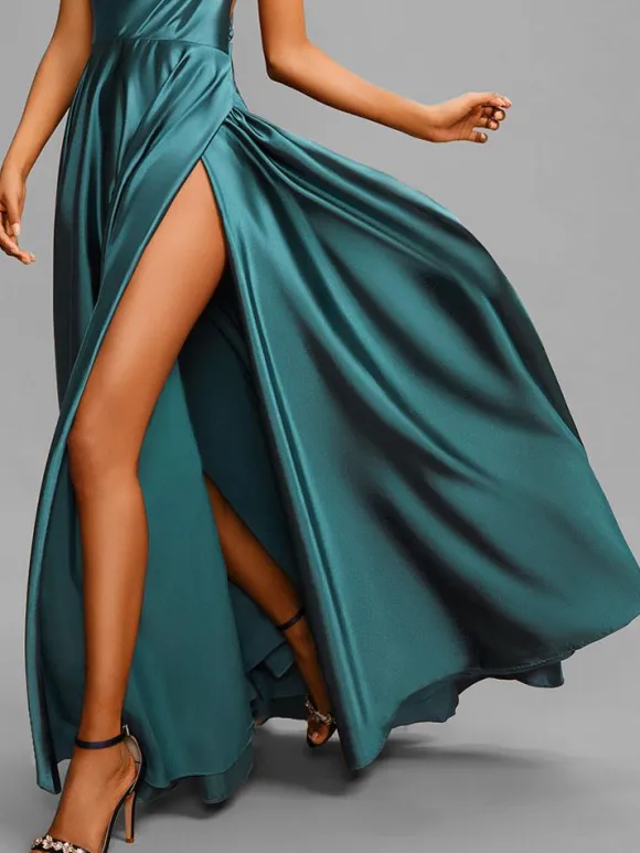 Evening Dress A-Line V-Neck Elastic Silk Like Satin Floor-Length Split Front Social Pageant Dresses