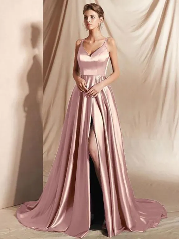 Evening Dress A-Line V-Neck Elastic Silk Like Satin Floor-Length Split Front Social Pageant Dresses
