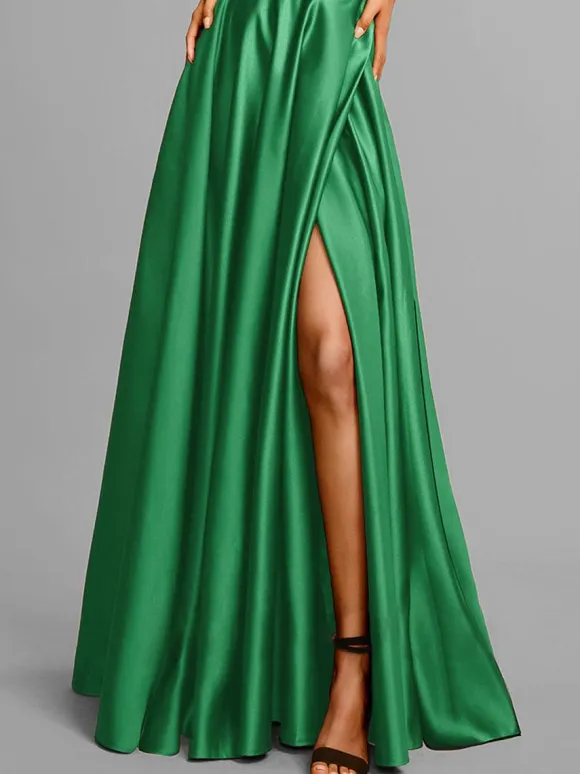 Evening Dress A-Line V-Neck Elastic Silk Like Satin Floor-Length Split Front Social Pageant Dresses