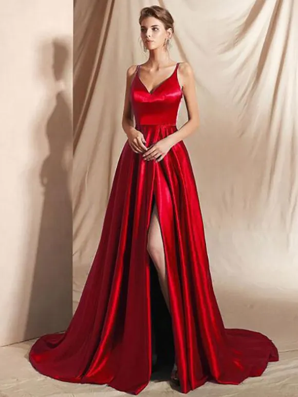 Evening Dress A-Line V-Neck Elastic Silk Like Satin Floor-Length Split Front Social Pageant Dresses
