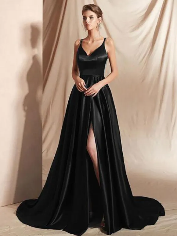Evening Dress A-Line V-Neck Elastic Silk Like Satin Floor-Length Split Front Social Pageant Dresses