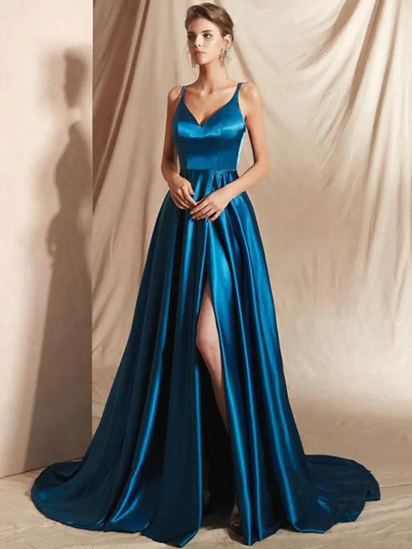 Evening Dress A-Line V-Neck Elastic Silk Like Satin Floor-Length Split Front Social Pageant Dresses