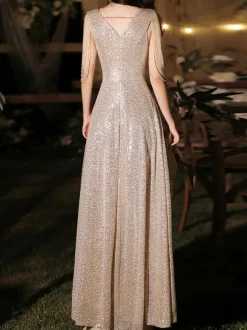 Evening Dress A-Line V-Neck Floor-Length Sleeveless Zipper Fringe Sequined Formal Party Dresses