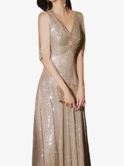 Evening Dress A-Line V-Neck Floor-Length Sleeveless Zipper Fringe Sequined Formal Party Dresses