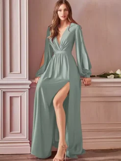 Evening Dress 2026 A-Line V-Neck Floor-Length Long Sleeves Backless Split Front Elastic Silk Like Satin Formal Party Dresses