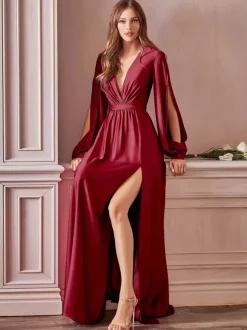 Evening Dress 2026 A-Line V-Neck Floor-Length Long Sleeves Backless Split Front Elastic Silk Like Satin Formal Party Dresses