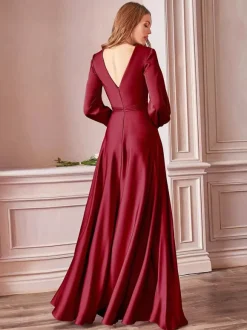 Evening Dress 2026 A-Line V-Neck Floor-Length Long Sleeves Backless Split Front Elastic Silk Like Satin Formal Party Dresses
