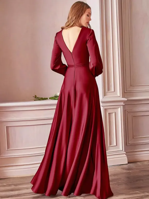 Evening Dress 2026 A-Line V-Neck Floor-Length Long Sleeves Backless Split Front Elastic Silk Like Satin Formal Party Dresses