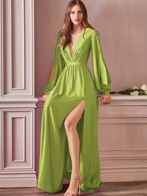 Evening Dress 2026 A-Line V-Neck Floor-Length Long Sleeves Backless Split Front Elastic Silk Like Satin Formal Party Dresses