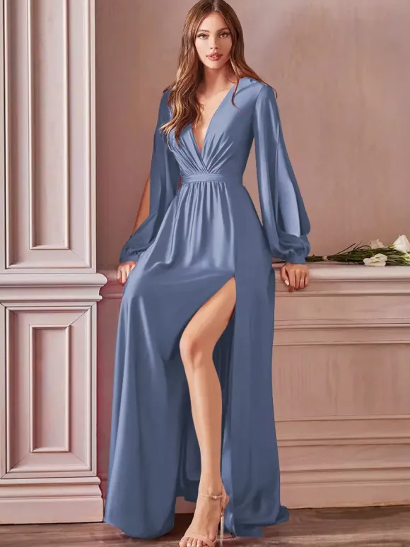 Evening Dress 2026 A-Line V-Neck Floor-Length Long Sleeves Backless Split Front Elastic Silk Like Satin Formal Party Dresses