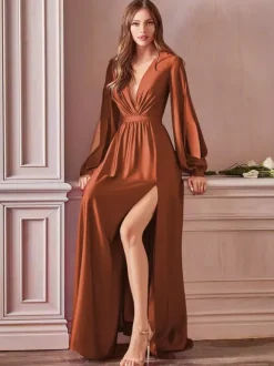 Evening Dress 2026 A-Line V-Neck Floor-Length Long Sleeves Backless Split Front Elastic Silk Like Satin Formal Party Dresses