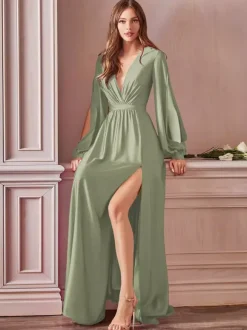 Evening Dress 2026 A-Line V-Neck Floor-Length Long Sleeves Backless Split Front Elastic Silk Like Satin Formal Party Dresses