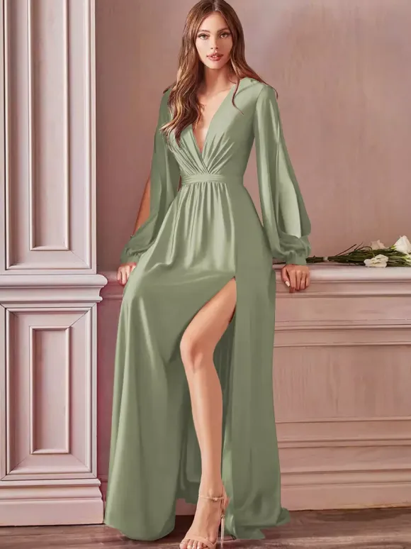 Evening Dress 2026 A-Line V-Neck Floor-Length Long Sleeves Backless Split Front Elastic Silk Like Satin Formal Party Dresses