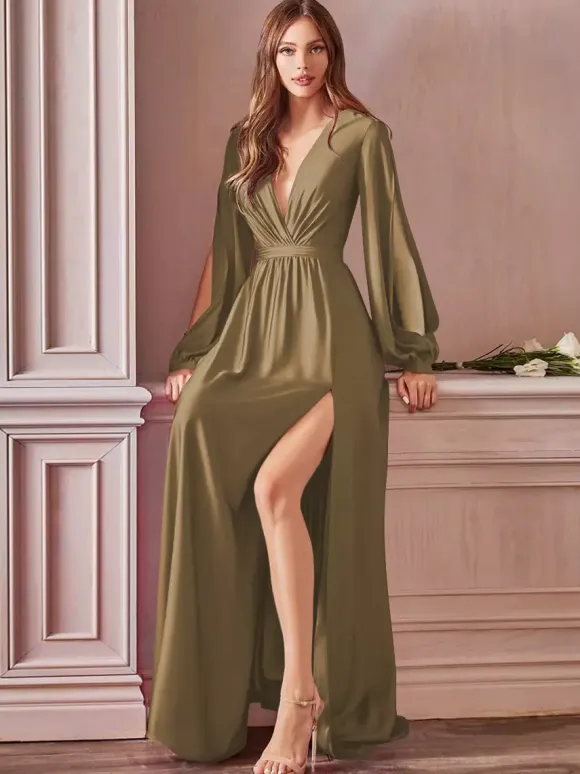 Evening Dress 2026 A-Line V-Neck Floor-Length Long Sleeves Backless Split Front Elastic Silk Like Satin Formal Party Dresses