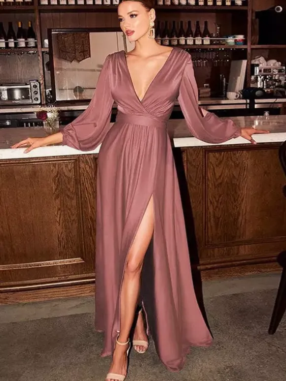 Evening Dress 2026 A-Line V-Neck Floor-Length Long Sleeves Backless Split Front Elastic Silk Like Satin Formal Party Dresses